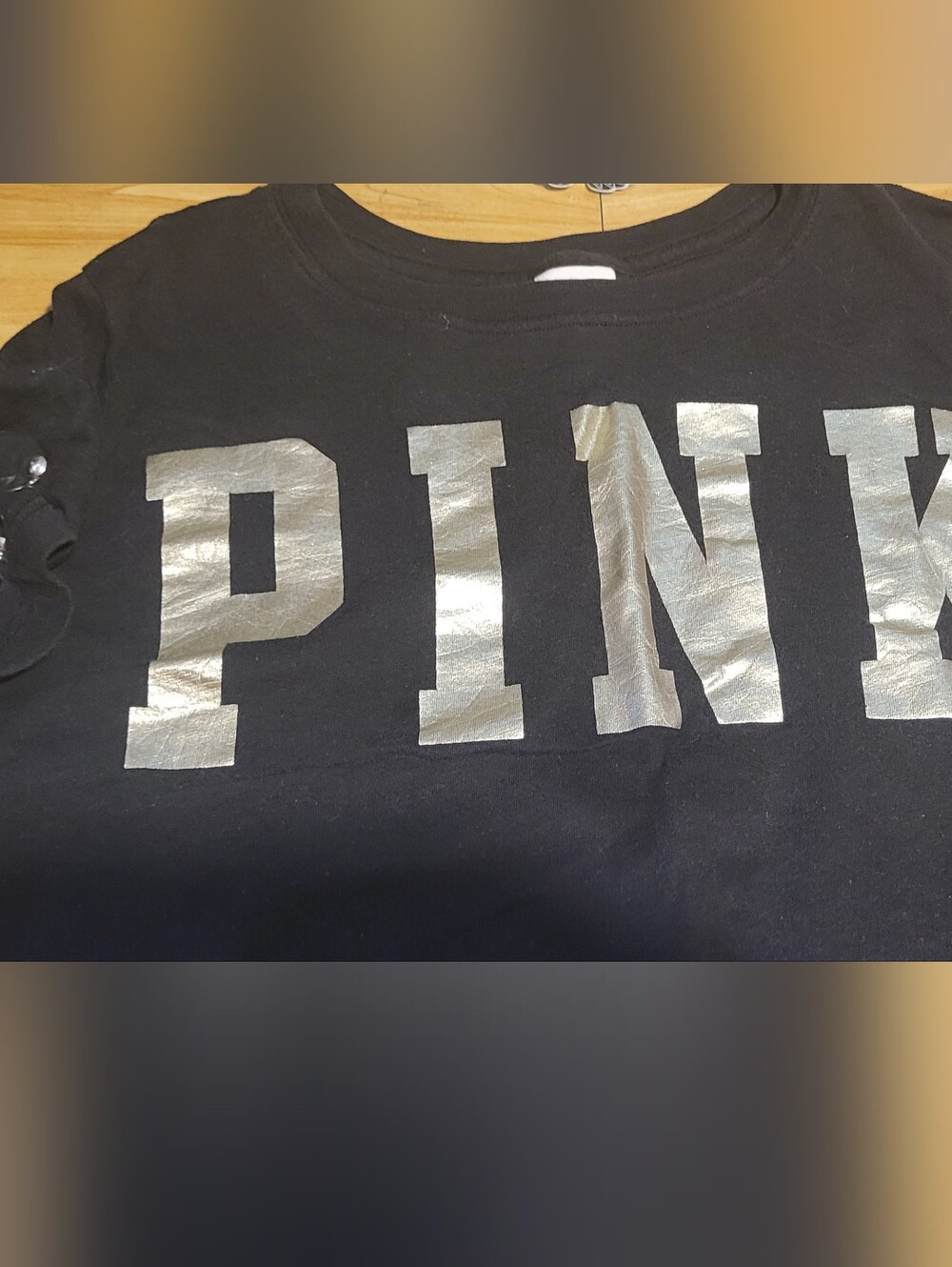 PINK Victoria's Secret Black Short Sleeve Tee with Silver Logo & Studs onSleeves
